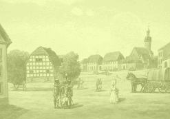 Aelteste bekannte Darstellung der Ortsmitte. Blick aus der heutigen Alte Tauchaer Straße auf den Marktplatz.